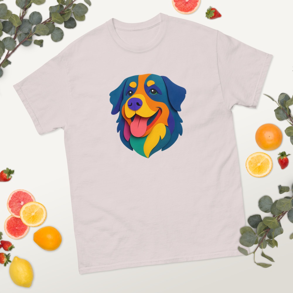 Bernese Mountain Dog in paper cutout style with bright colors