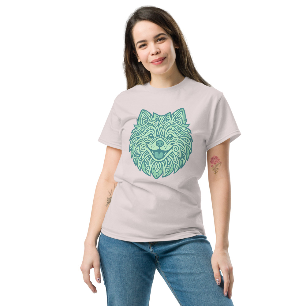 Pomeranian in tribal pattern with pastel greens and blues
