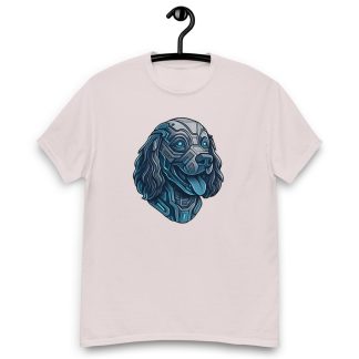 English Springer Spaniel in futuristic cyberpunk style with steel silver and electric blue
