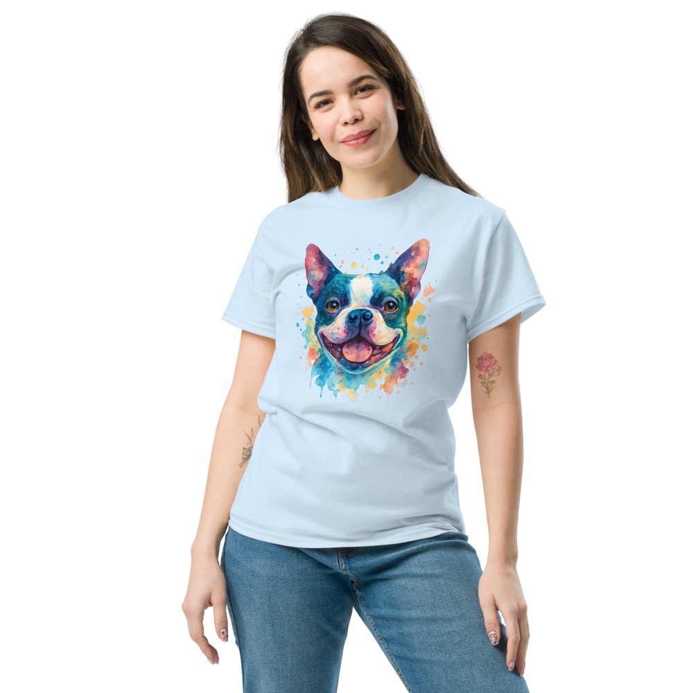 Boston Terrier in watercolor splash style with vibrant colors