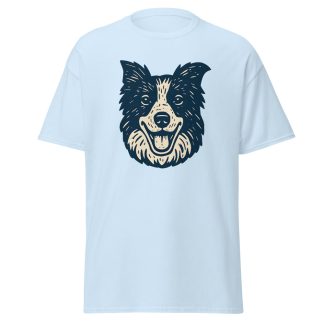 Border Collie in linocut print style with inked duotone palette