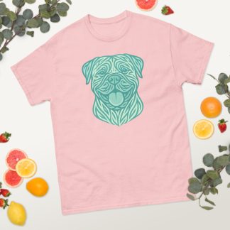 Bullmastiff in tribal pattern with pastel greens and blues
