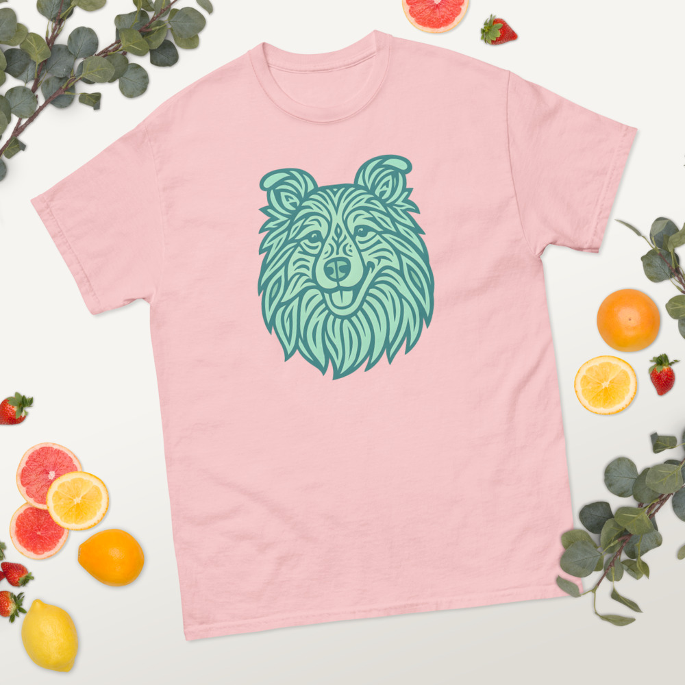 Shetland Sheepdog in tribal pattern with pastel greens and blues