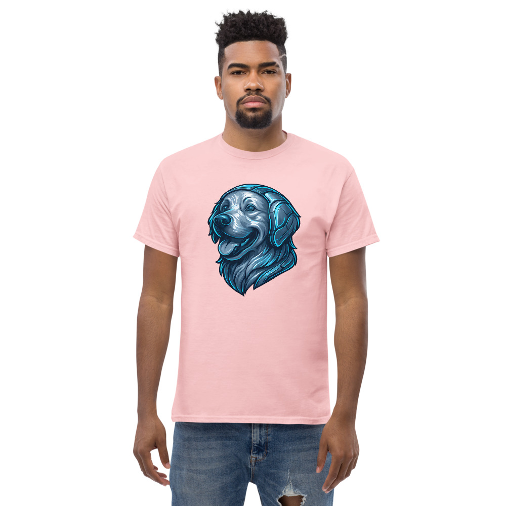 Golden Retriever in futuristic cyberpunk style with steel silver and electric blue