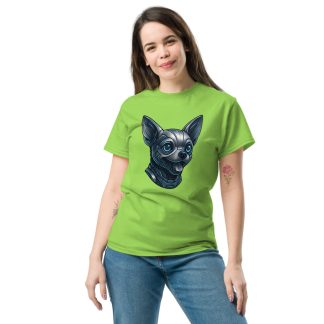 Chihuahua in futuristic cyberpunk style with steel silver and electric blue