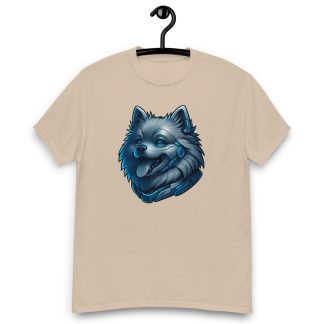 Pomeranian in futuristic cyberpunk style with steel silver and electric blue