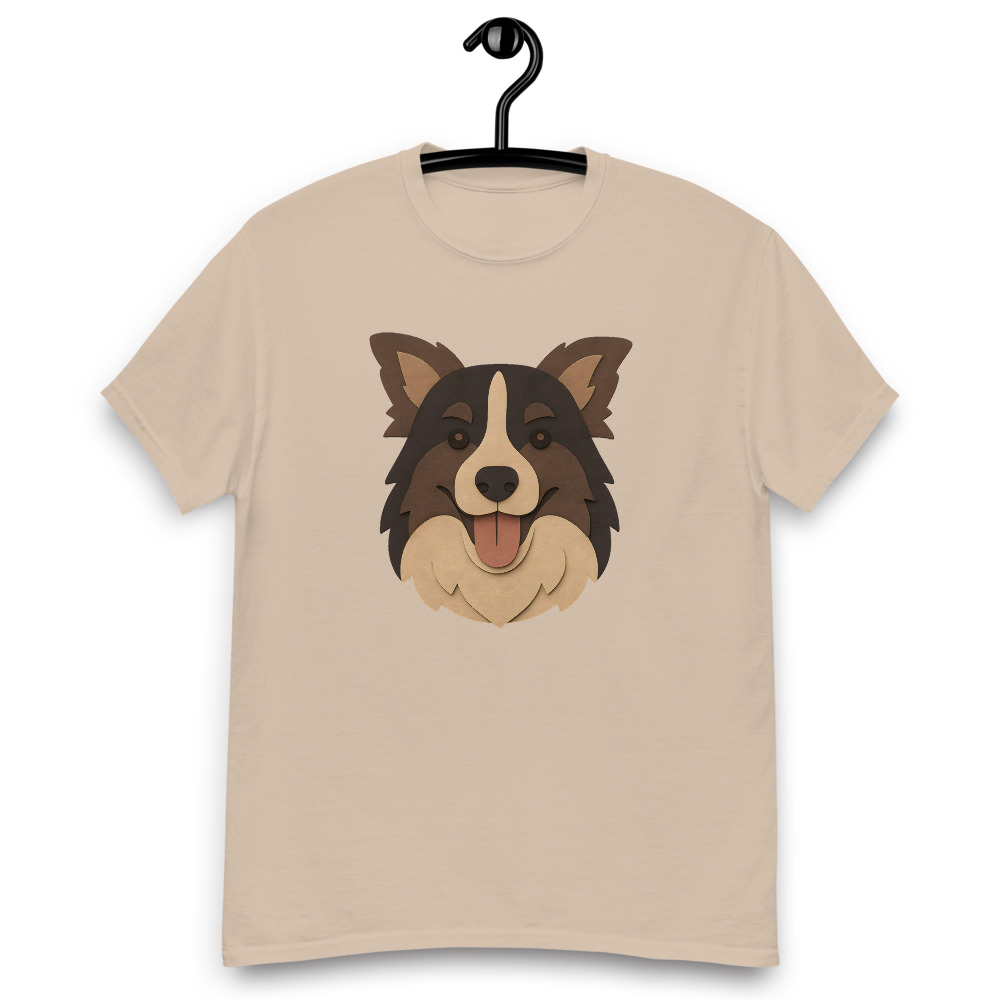 Border Collie in cut paper collage style with mixed craft-paper palette