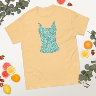 Doberman Pinscher in tribal pattern with pastel greens and blues