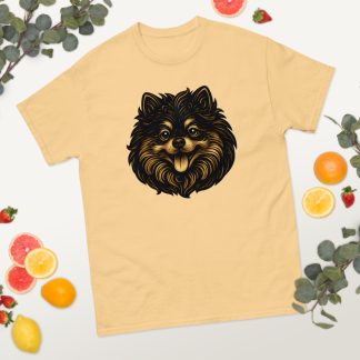 Pomeranian in whimsical fantasy style with black and gold colors
