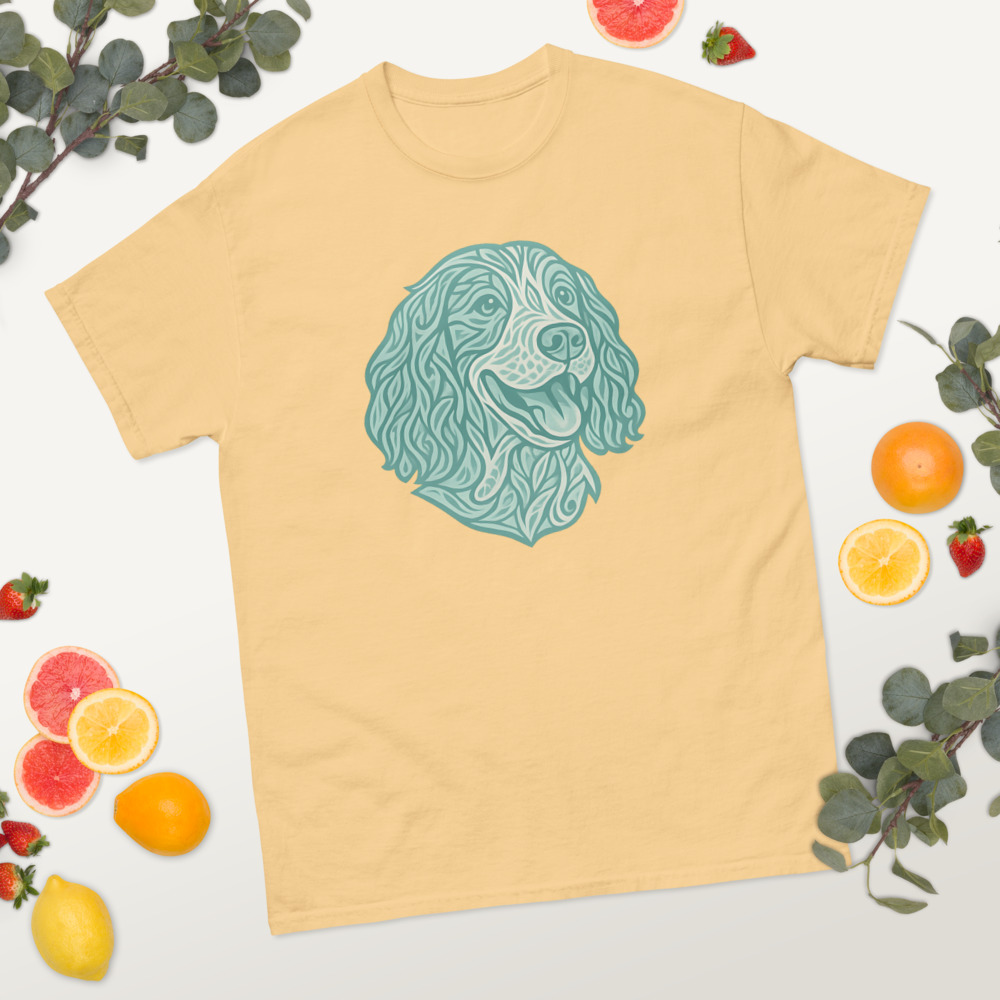English Springer Spaniel in tribal pattern with pastel greens and blues