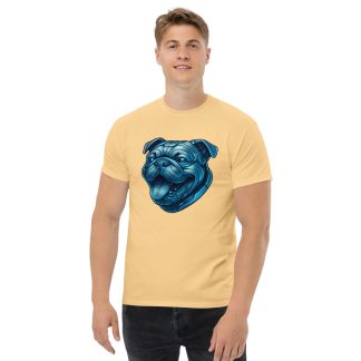 Bulldog in futuristic cyberpunk style with steel silver and electric blue