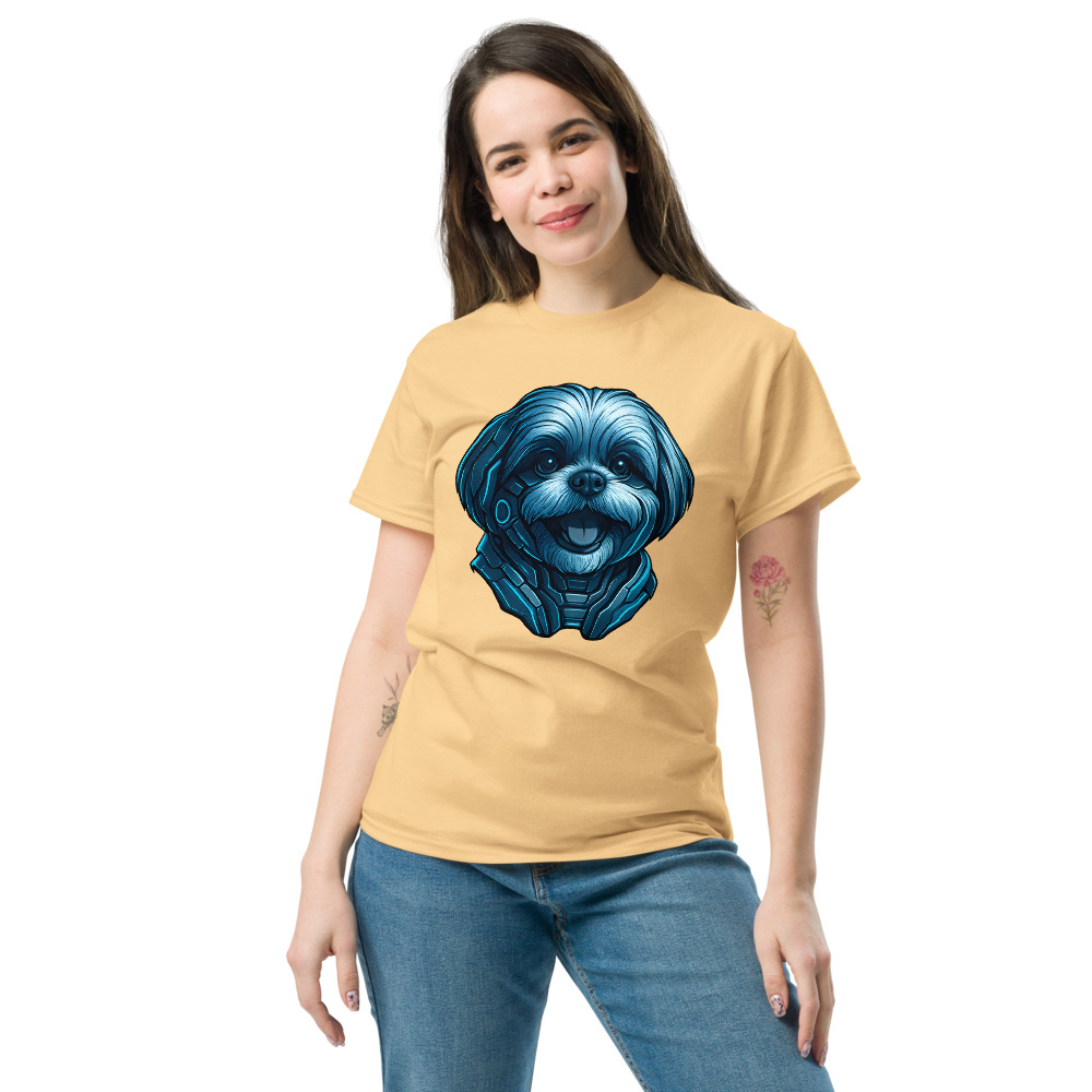 Shih Tzu in futuristic cyberpunk style with steel silver and electric blue